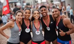 a group of people with medals in front of a crowd