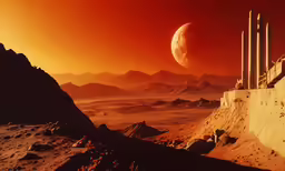 an orange and red sky with mountains, rocks and space object