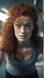 the woman is staring at something on her phone,a woman with curly hair and blue eyes sitting