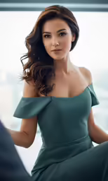 an asian woman with wavy hair wearing a dress