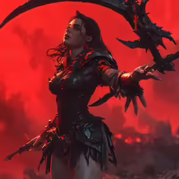 a female character is standing in front of a red background