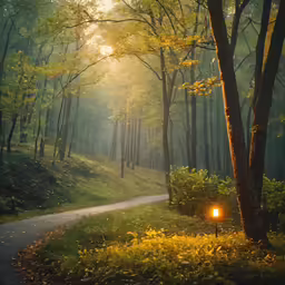 the sun shining through a tree filled forest