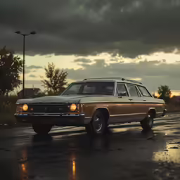 a car parked on a wet parking lot