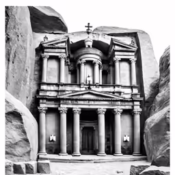 black and white photograph of an old church surrounded by rocks
