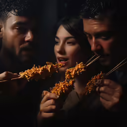 two people eating food at the same time