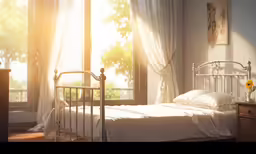 the bedroom has an iron bed and white curtains