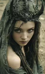 a girl wearing a horned headdress and staring straight ahead