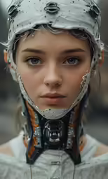 the woman has a helmet made out of silver