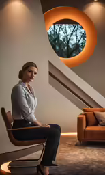 woman sitting on a chair looking out the window