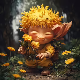 a small, yellow troll holding flowers standing on a path