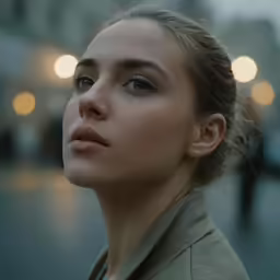 a female with a blue eye and a brown jacket