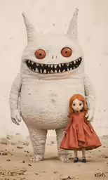 a little girl and her doll standing in front of an egg monster