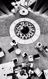 an aerial view of a library with books scattered on the floor