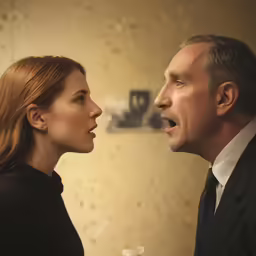 man and woman with hand in mouth are staring at each other