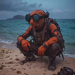 a man wearing a diving suit and goggles on the beach
