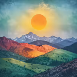 a painting of mountains with a big sun in the background