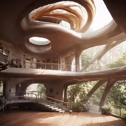 inside a building with trees on both sides