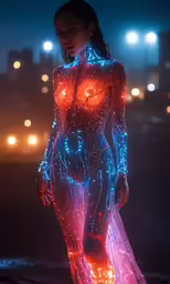 the digital rendering shows a woman walking through an urban area