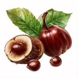 two chocolate eggs, a nut and leaves are laid out on top of each other