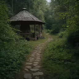 the pathway leads to a shelter in the woods
