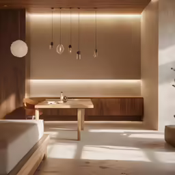 a modern bedroom with wooden paneling and lighting