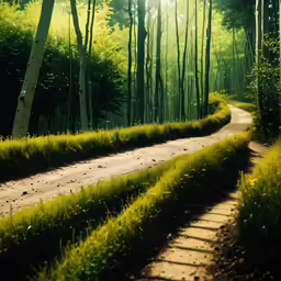 a dirt path winding through a lush green forest