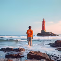 a man walks into the ocean near the lighthouse
