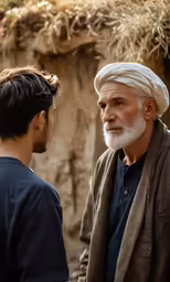 two men standing near each other with one talking
