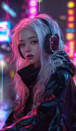 the blonde woman wearing headphones is standing in front of bright lights,a woman wearing headphones and standing in a street