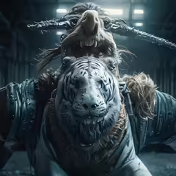 a white tiger with a huge claws on its face
