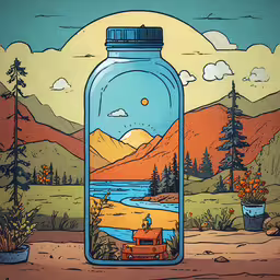 a bottle is sitting on the ground,an image of a blue jar with the mountains in the background