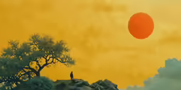 a painting of an image of a man standing on a mountain overlooking a lone tree