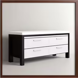 white drawers and handles are attached to a black and white bench