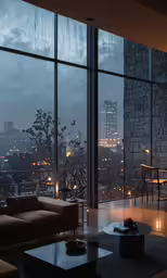 a very large open living room with a view of the city