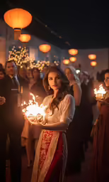 woman in traditional thai costume holding sparkler lit torches during dinner