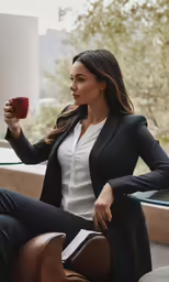 a woman in a business suit and boots holding a red cup