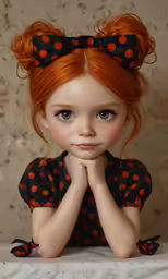a close up of a dolls face wearing a bow