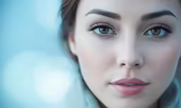 a woman has a closeup on her face and blue eyes