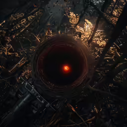 a red candle glowing inside of a dark circle