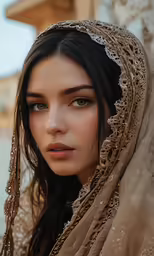 a young woman wearing a shawl looking into the distance