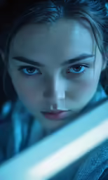 there is a female with blue eyes that is looking at the camera