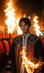 a young man dressed in a medieval outfit holding a large fire sparkler