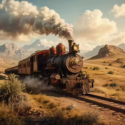 a large train riding on a railroad near mountains
