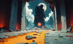 an alien city filled with rocks and orange liquid