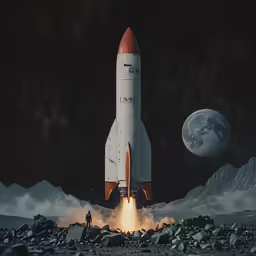 an old model rocket on rocks with mountains and the moon behind it