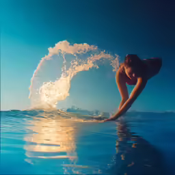 a woman diving in the water toward an open wave