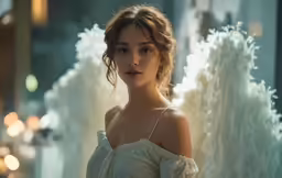 a woman in white is standing near some lights