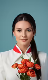 the woman is posing with a bouquet of orange flowers