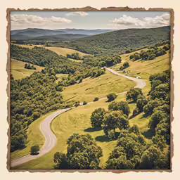 a road winding through a green valley under a blue sky