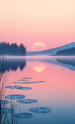 pink sky reflecting in the water with snowflakes in foreground